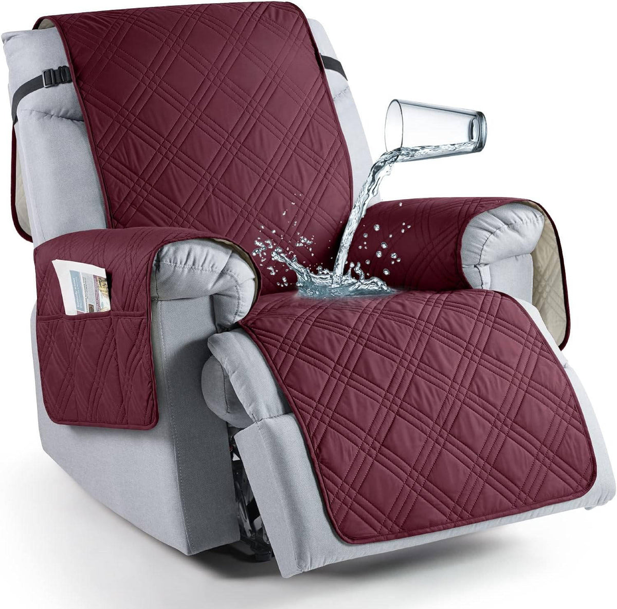 Belro waterproof recliner chair cover in a neutral color, protecting a sofa from spills and stains in a home living room.