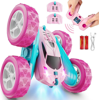 Belro RC car toy for kids ages 6-12 with LED lights and 360° flip, featuring automotive design and colorful details.