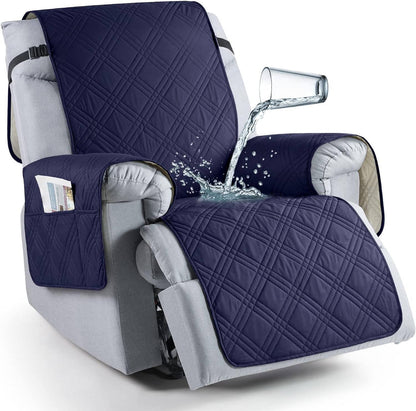 Belro waterproof recliner chair cover in neutral fabric, protecting sofa from spills and stains in home and garden setting.
