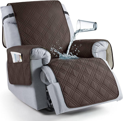 Belro waterproof recliner chair cover in neutral fabric, designed to protect sofas and couches from spills and stains.