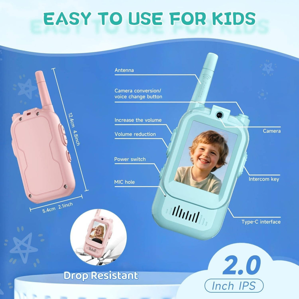 Belro Kids walkie talkies set with video, voice, and chat features, designed for children in a durable electronic audio device.