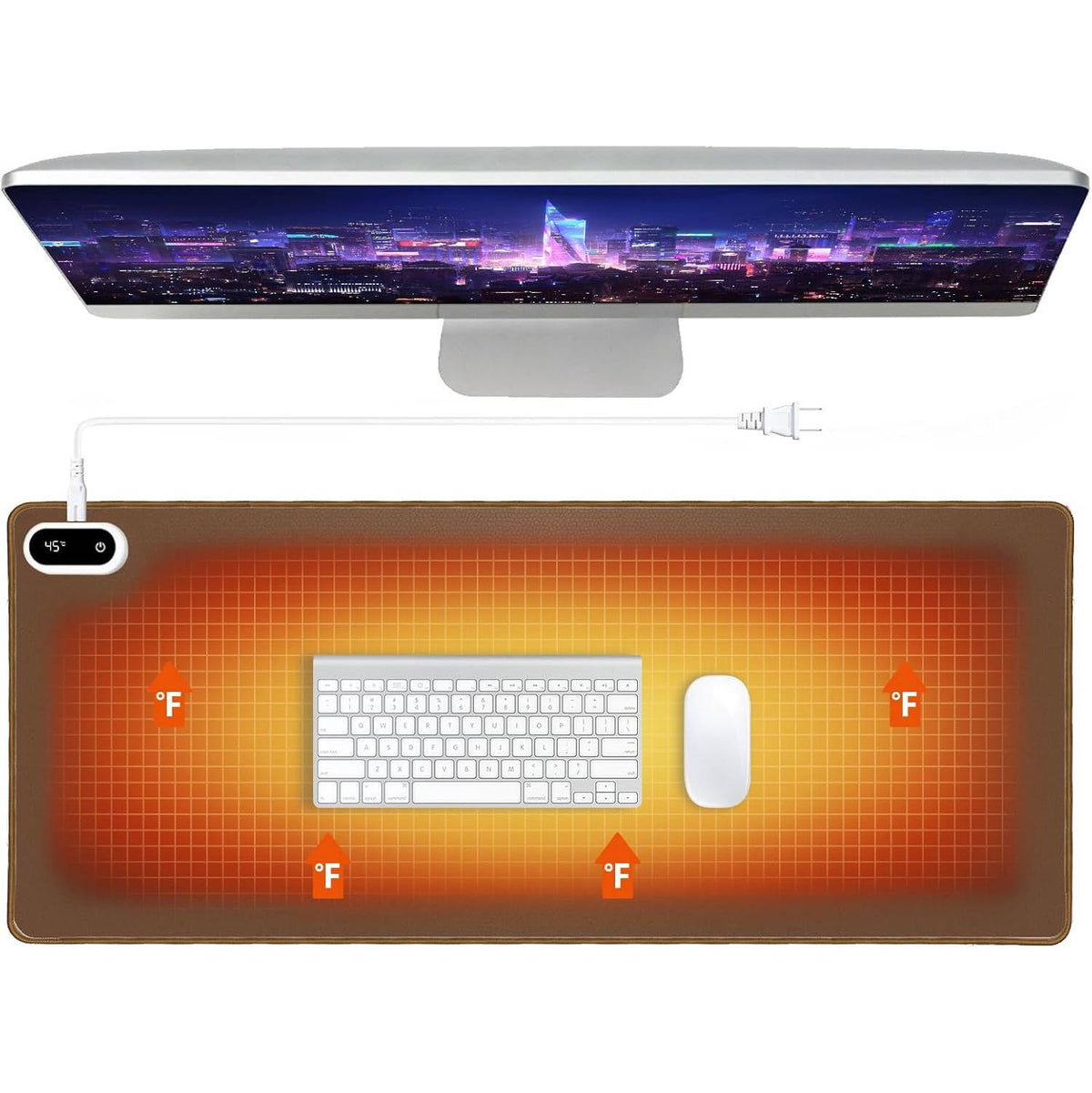 Heated desk and mouse pad by Belro for pain relief, showing a warming surface with control buttons on a workspace.
