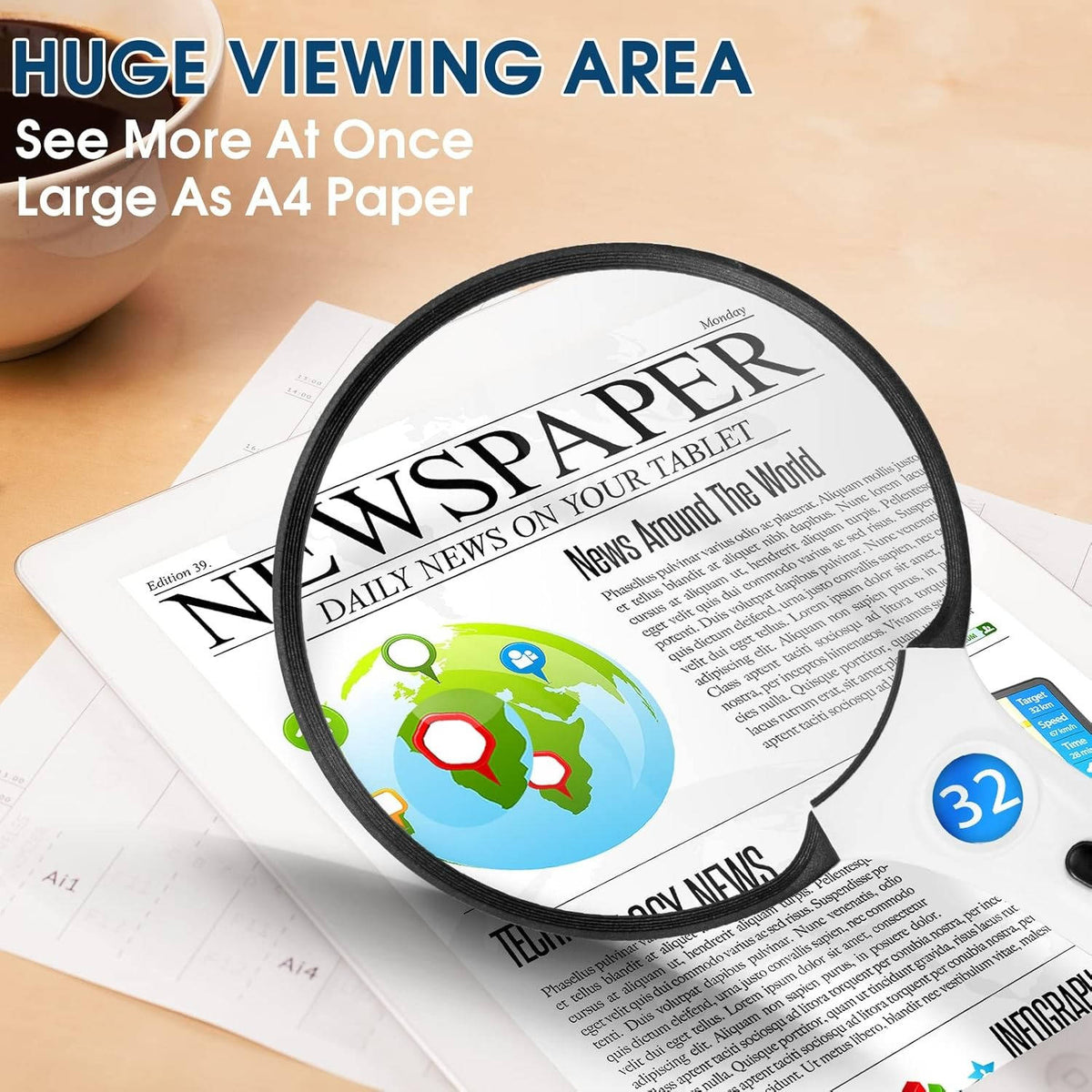 Large Belro magnifying glass with built-in light, ideal for detailed viewing of small objects or reading fine print.