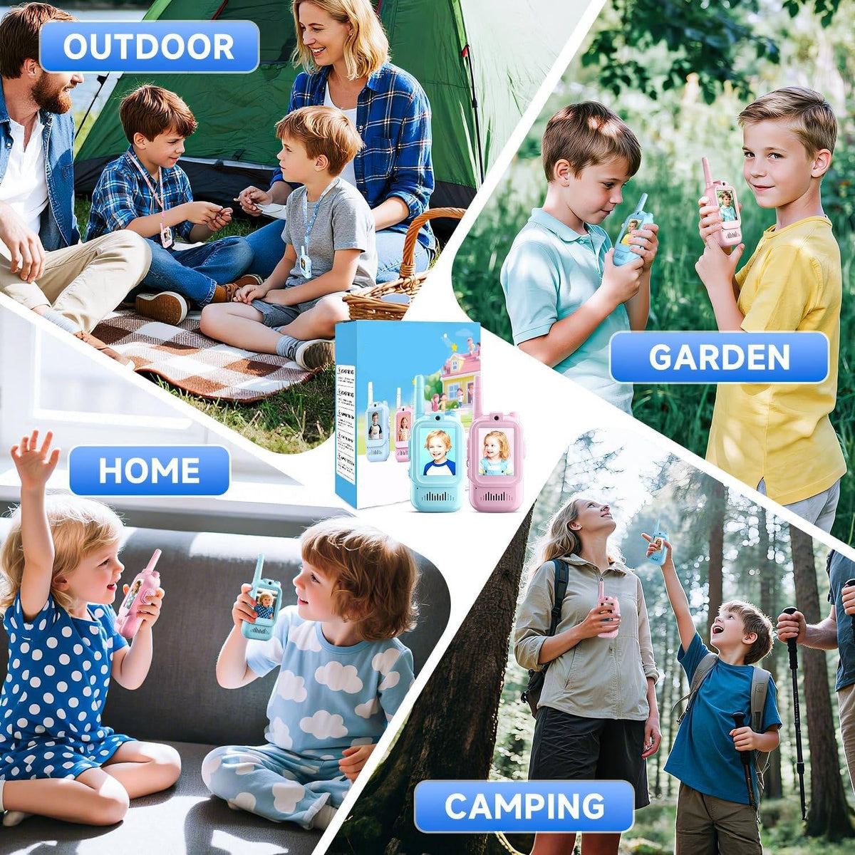Belro Kids walkie talkies set with video, voice, and chat features, designed for children, shown in the image.