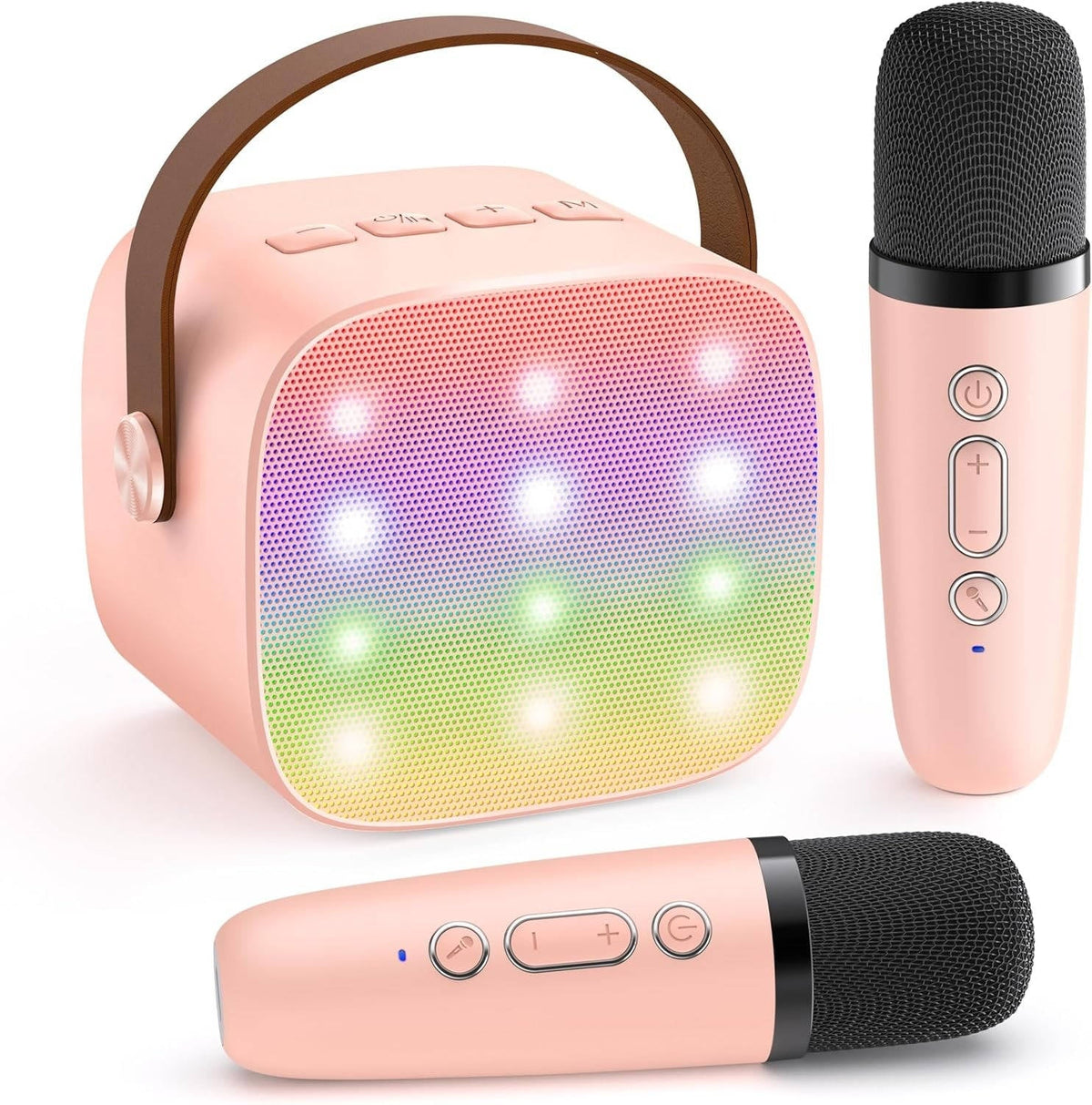 Belro Mini Karaoke Machine with two wireless microphones, compact toy for singing and entertainment, colorful design