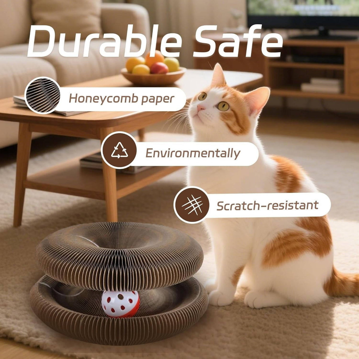 Belro cat scratcher with ball track in natural wood finish, designed for feline entertainment and scratching.