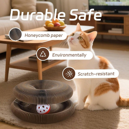 Belro cat scratcher with ball track in natural wood finish, designed for feline entertainment and scratching.