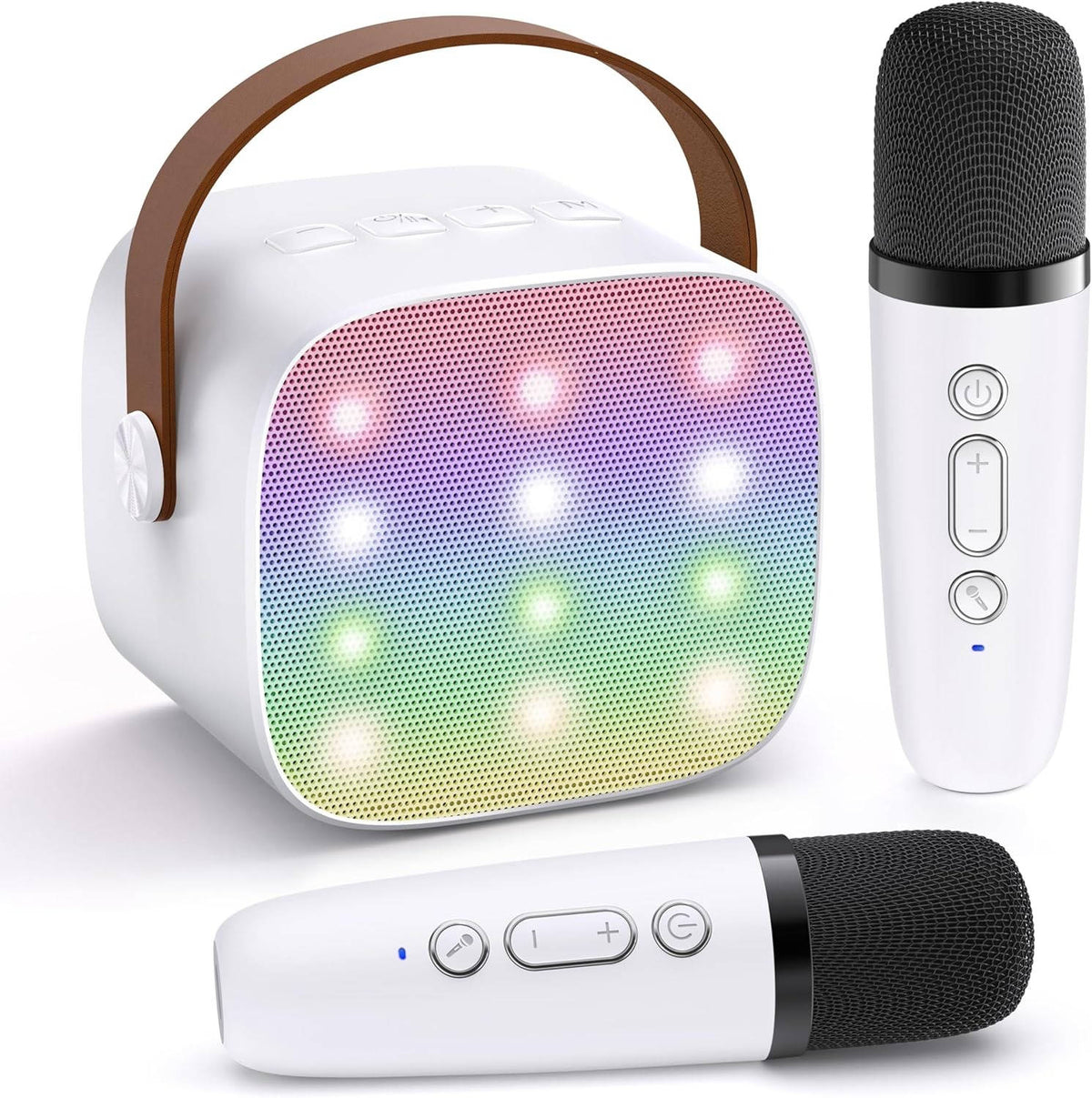 Belro Mini Karaoke Machine with two wireless microphones, compact toy for kids, featuring colorful controls and built-in speaker.