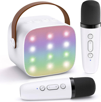 Belro Mini Karaoke Machine with two wireless microphones, compact toy for kids, featuring colorful controls and built-in speaker.