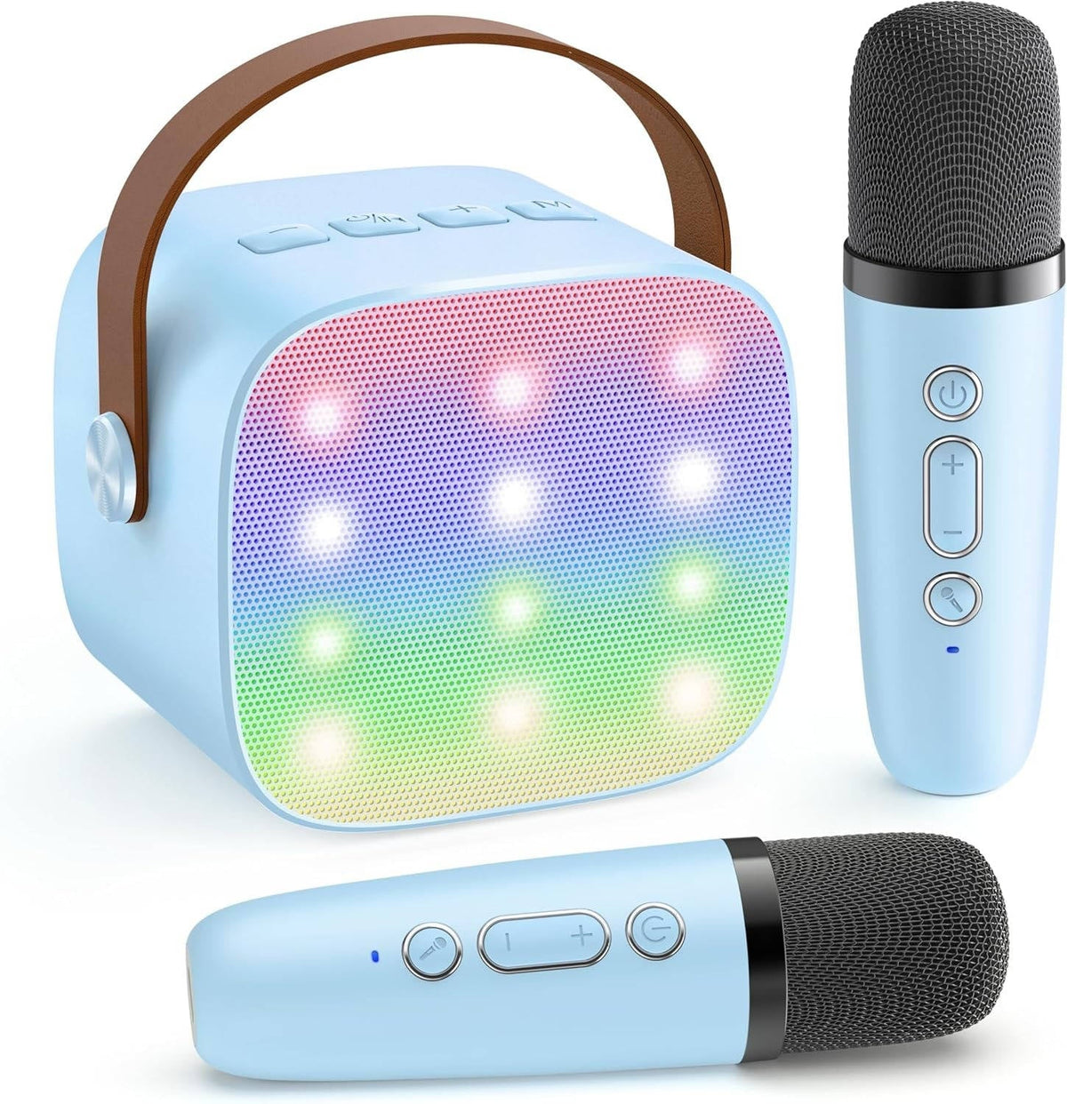 Belro Mini Karaoke Machine with 2 wireless microphones, compact toy for singing fun, colorful design, and easy setup.