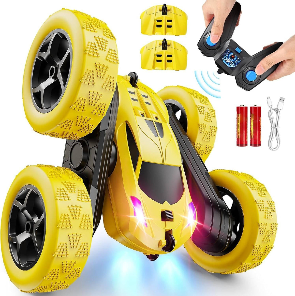 Belro RC car toy for kids ages 6-12 with LED lights and 360° flip, featuring a detailed automotive design.