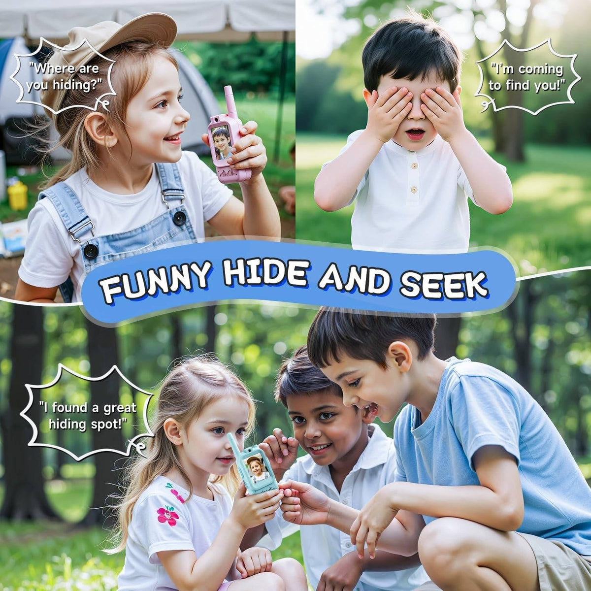 Belro kids walkie talkies set with video, voice, and chat features, designed for children, in bright colors with buttons and antenna.