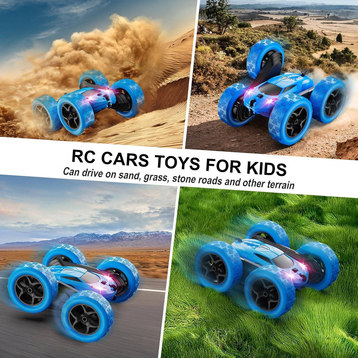 Belro RC car toy for kids ages 6-12 with LED lights and 360° flip, automotive-style remote-controlled car in vibrant colors