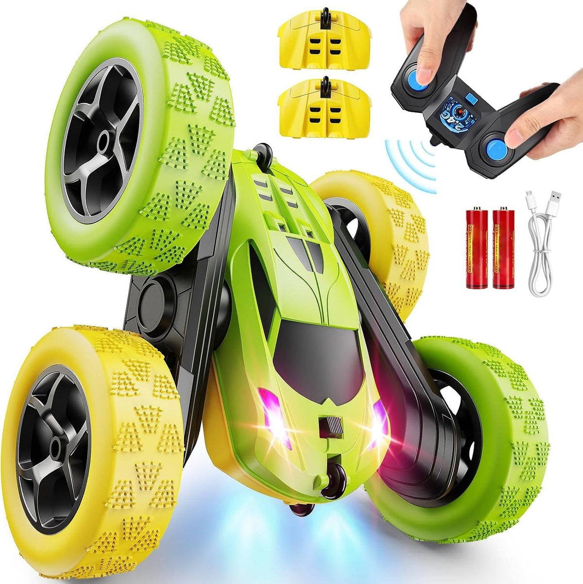 Belro RC car toy for kids ages 6-12 with LED lights and 360° flip, showcasing a colorful remote-controlled automotive vehicle.