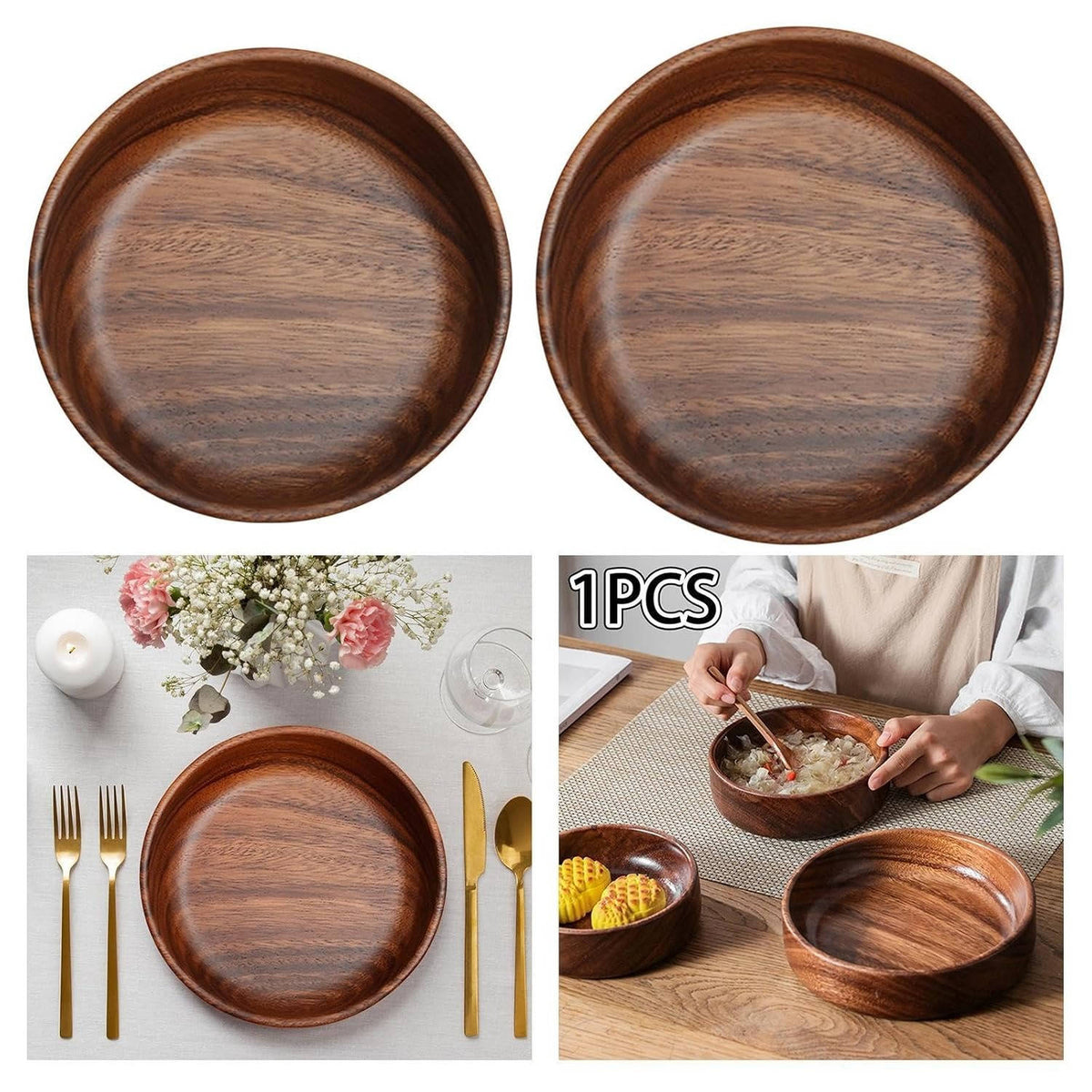 Belro wood bowls for food, round kitchen bowls made of natural wood for serving salads, fruits, and snacks in the dining area.
