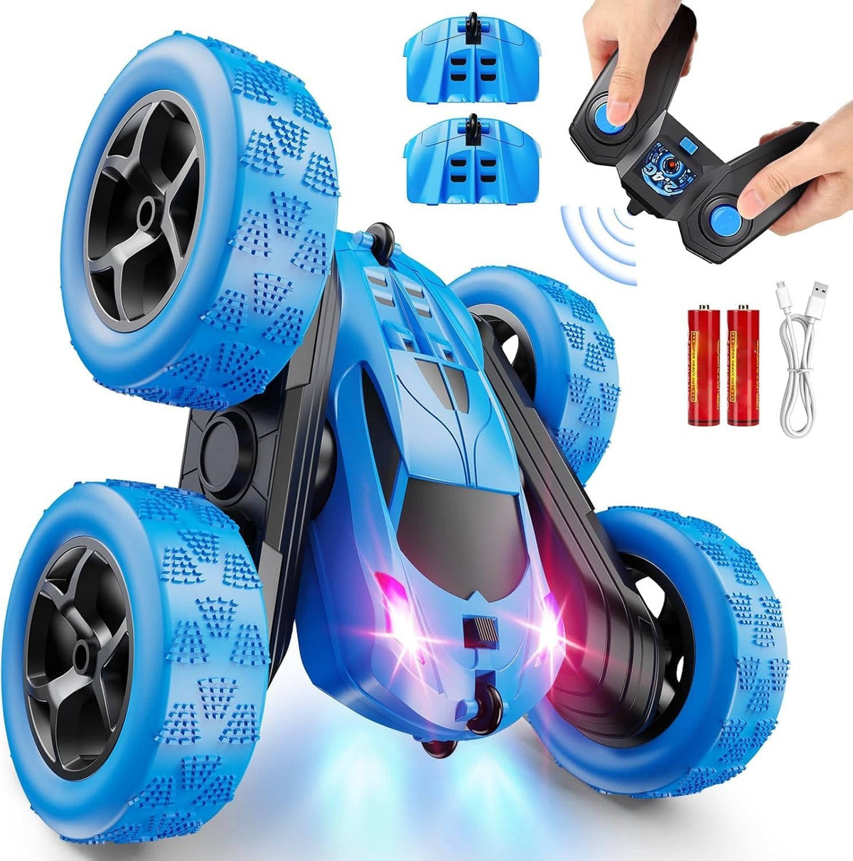Belro RC toy car for kids ages 6-12 with LED lights and 360° flip, featuring an automotive design and vibrant colors.