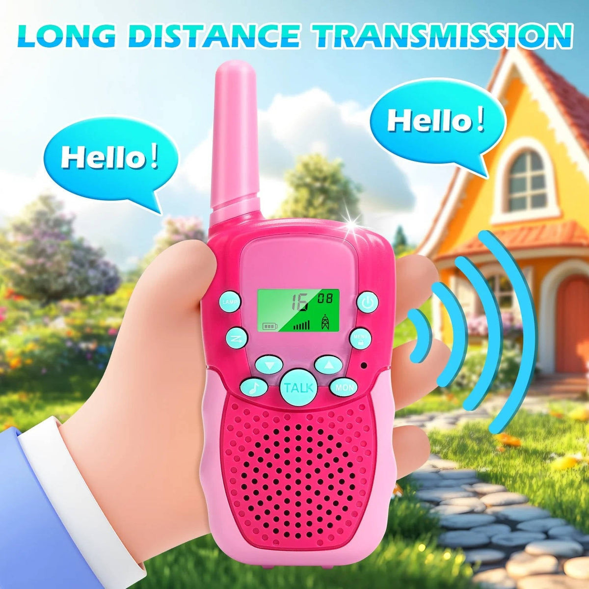 Belro kids walkie talkies set with three colorful handheld radios for children, featuring buttons and antennas for outdoor play.