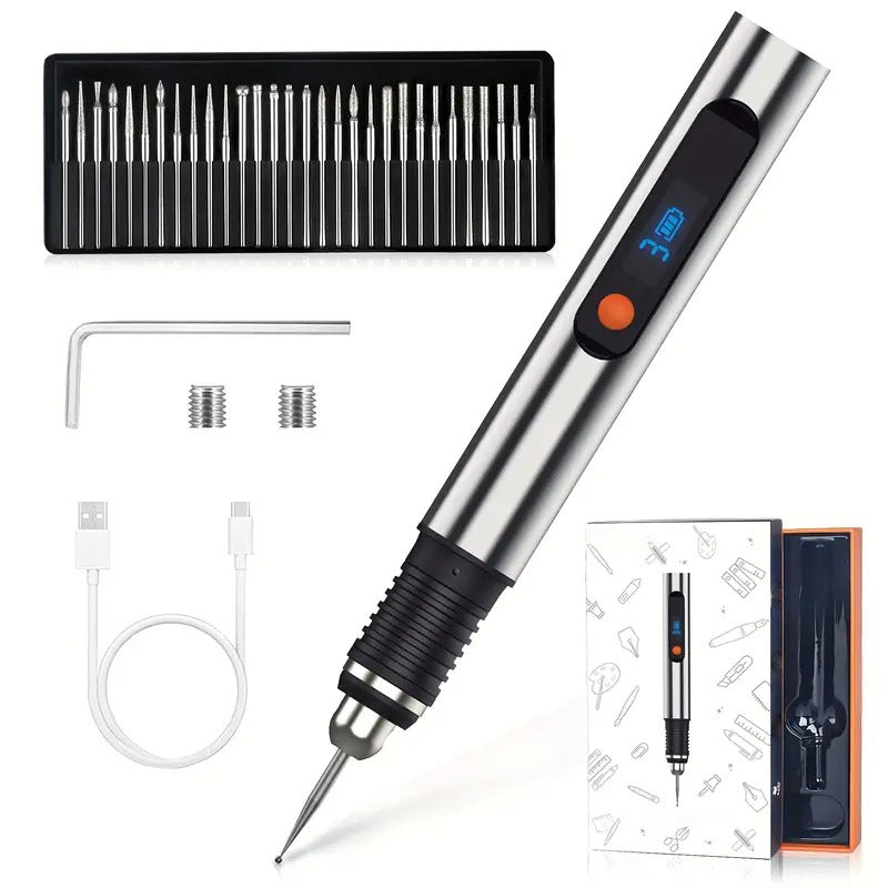 Belro engraving pen for men, shown with sleek metallic design, used for customizing clothing and fabric embellishments.