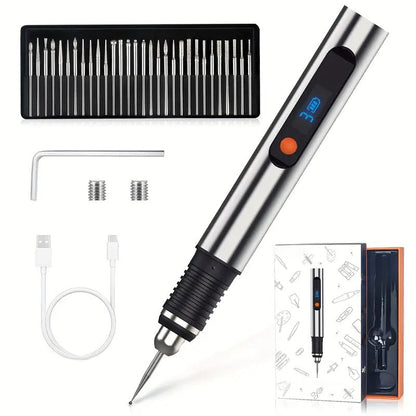 Belro engraving pen for men, shown with sleek metallic design, used for customizing clothing and fabric embellishments.