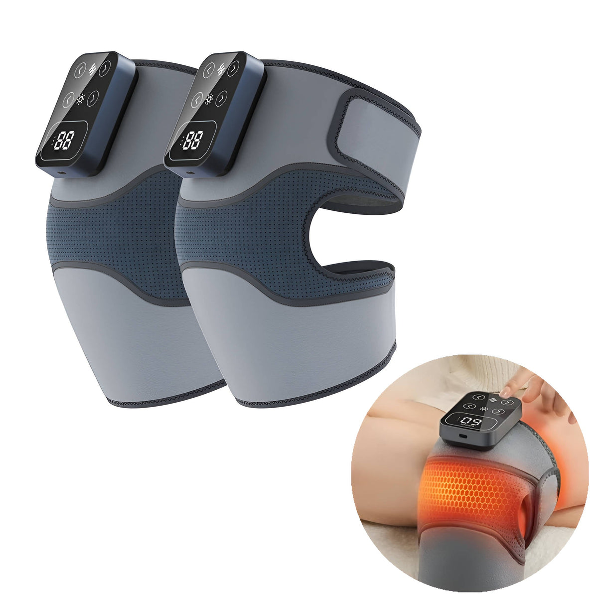 Belro cordless knee massager with heat and vibration, shown with suspenders for pain relief and comfort.