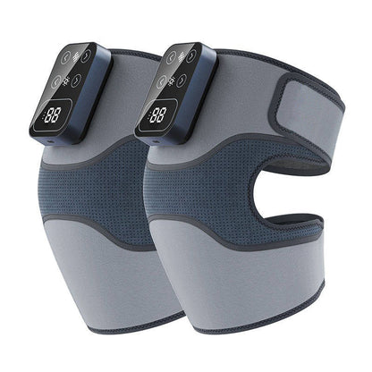 Belro cordless knee massager with heat and vibration, designed for pain relief, shown with suspenders accessory in use.