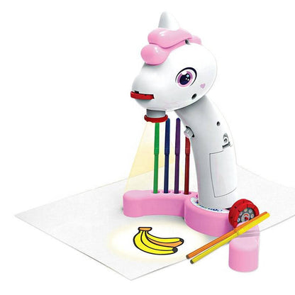 Drawing projector for kids by Belro, showing a colorful toy projector with colorful illustrations and a child using it for drawing fun.
