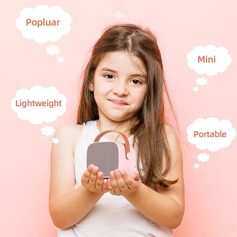 Belro mini karaoke machine with two wireless microphones, compact toy for kids' singing and entertainment.