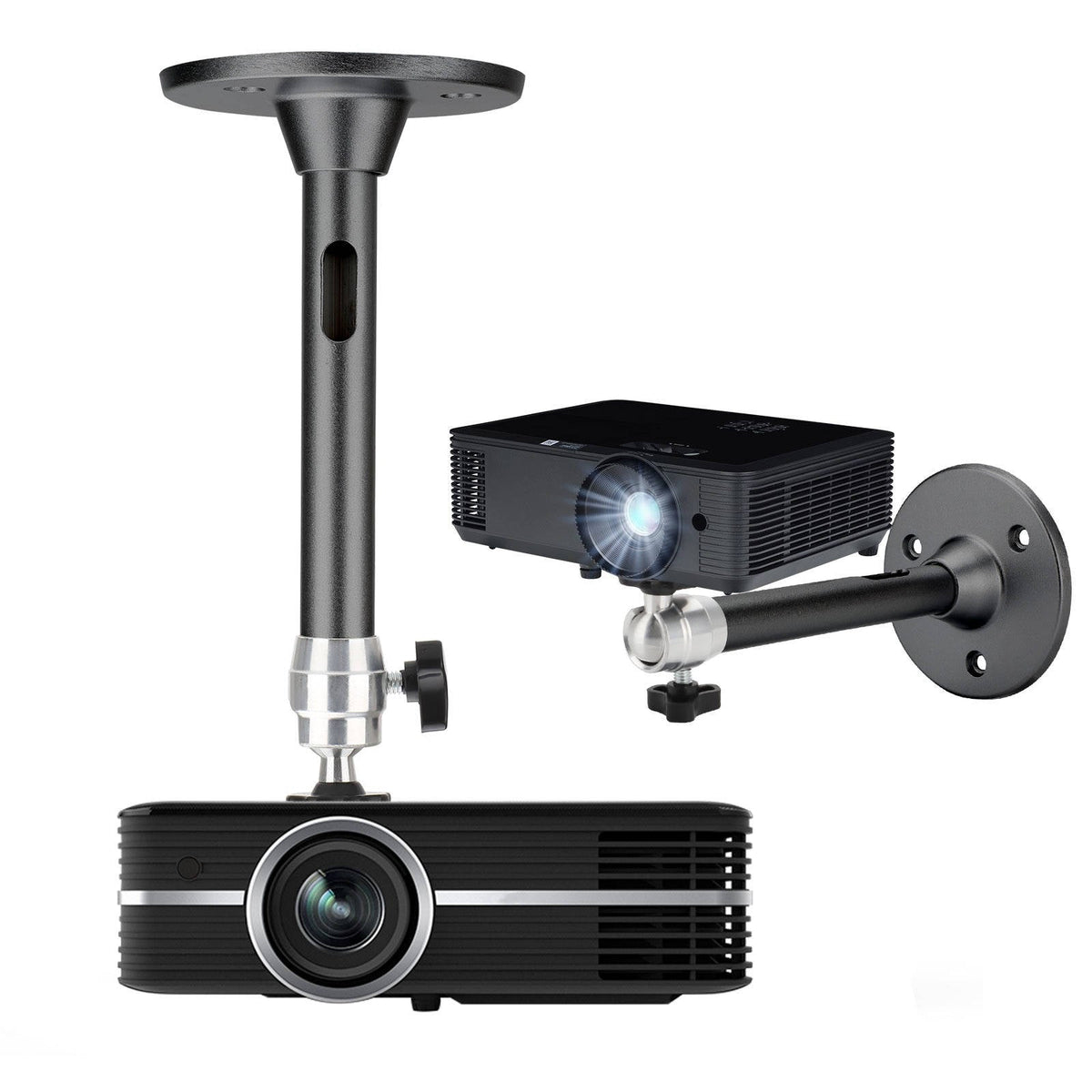 Belro universal projector ceiling mount kit attached to a ceiling, suitable for electronics and TV projectors.