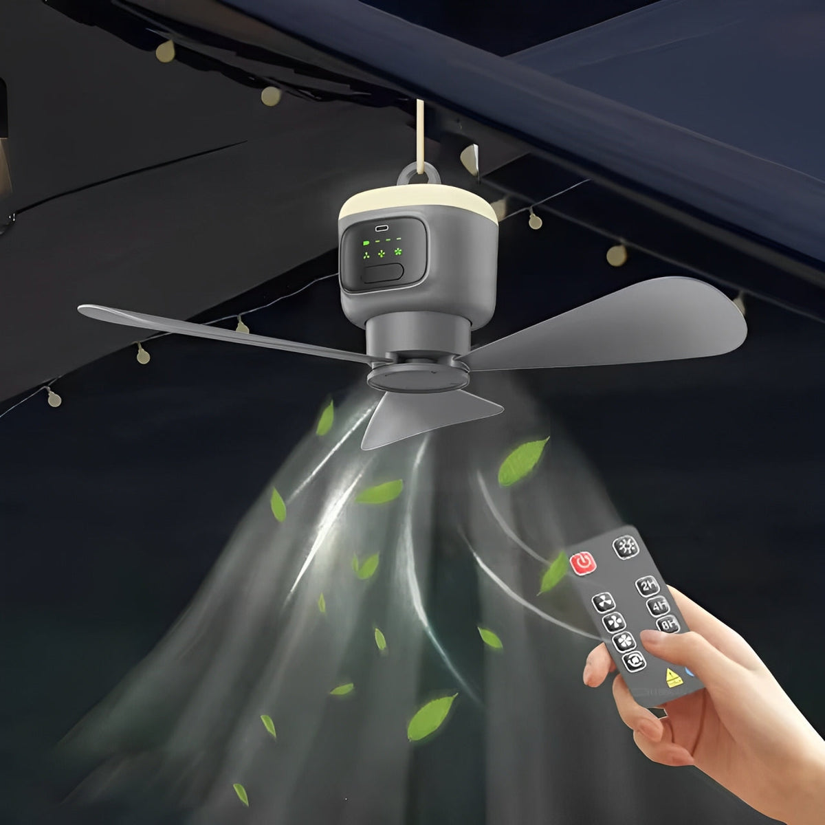 Belro portable wireless ceiling fan for outdoor use, compact and lightweight for home and garden cooling.