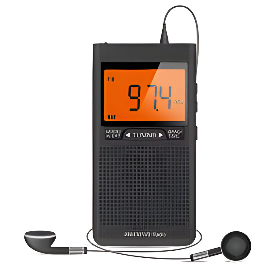 Belro portable pocket AM/FM radio showing a compact black device with tuning dial and headphone jack on a wooden surface.