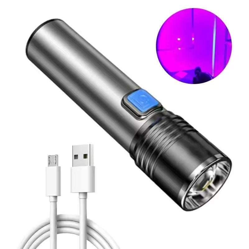 Belro black light flashlight showing ultraviolet beam illuminating surface in dark environment