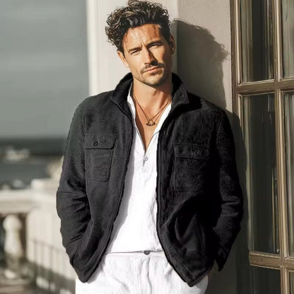 Men's Belro corduroy jacket with a classic fit, featuring a button-up front and chest pockets, displayed on a hanger.