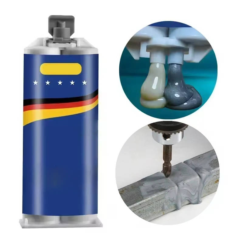 Belro Metal Repair Glue applied to metal surface, demonstrating strong bonding for tools and hardware repair.