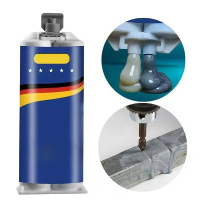 Belro Metal Repair Glue applied to metal surface, demonstrating strong bonding for tools and hardware repair.