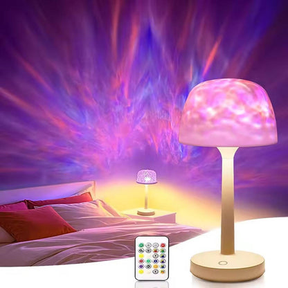 Belro cordless room light projector lamp illuminating a bedroom wall with colorful star and moon patterns.