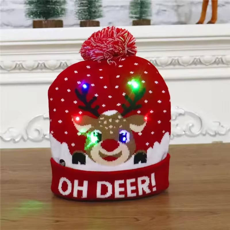 Belro light-up Christmas hat for men, festive holiday clothing with illuminated accents, worn on a person with a Christmas background.