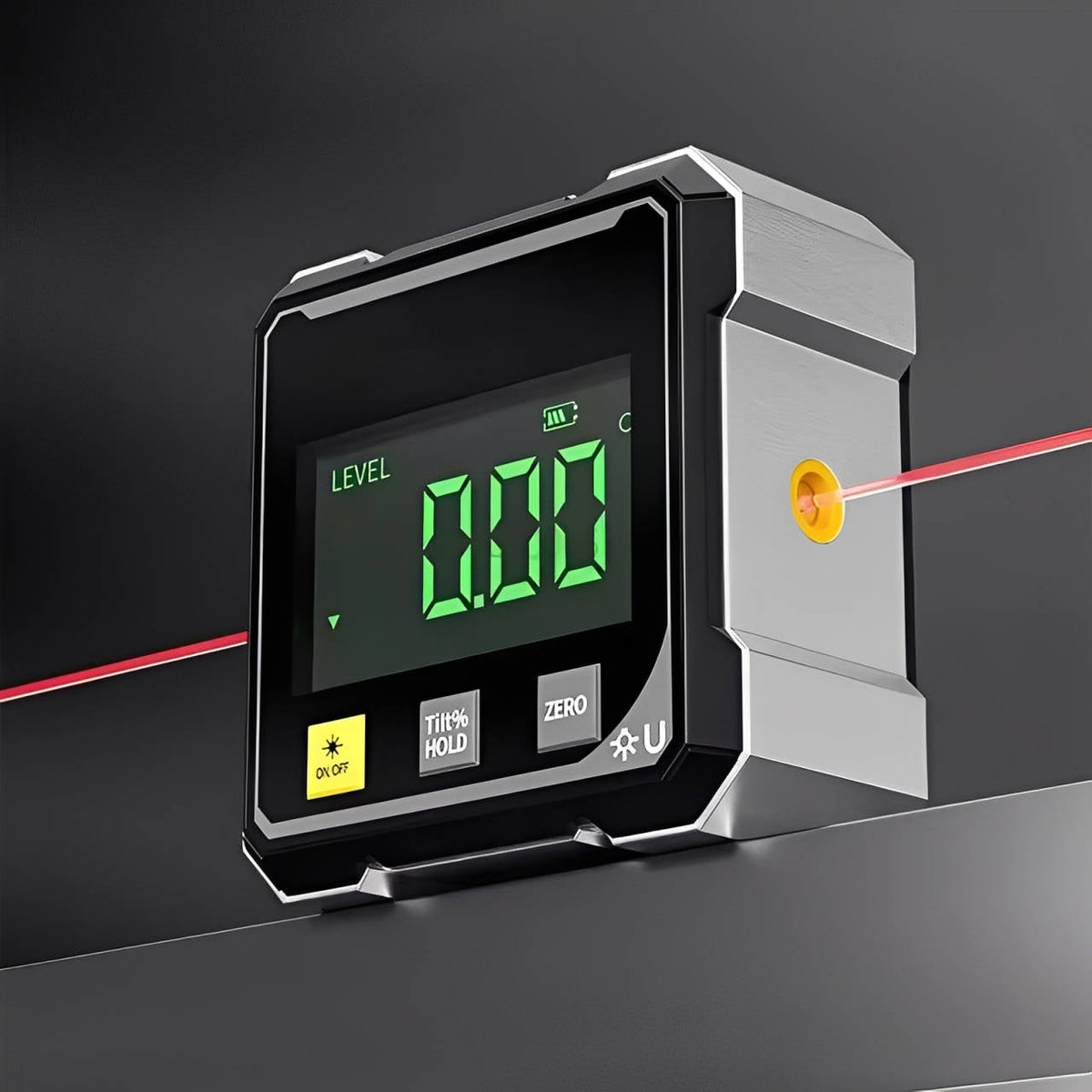Belro digital angle finder with laser level showing device displaying measurement on screen and laser beam for precise angle measurement.