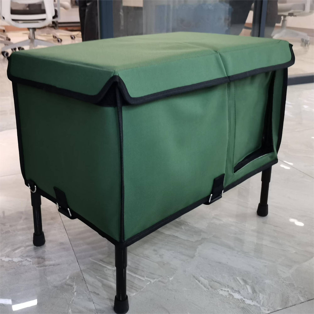 Heated outdoor cat house by Belro, waterproof and elevated, designed for feral and stray cats in winter outdoor environments.