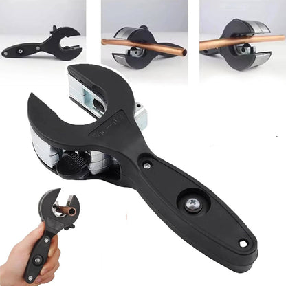 Belro pipe cutter tool for plumbing, shown cutting a pipe, with a silver metal body and adjustable cutting wheel.