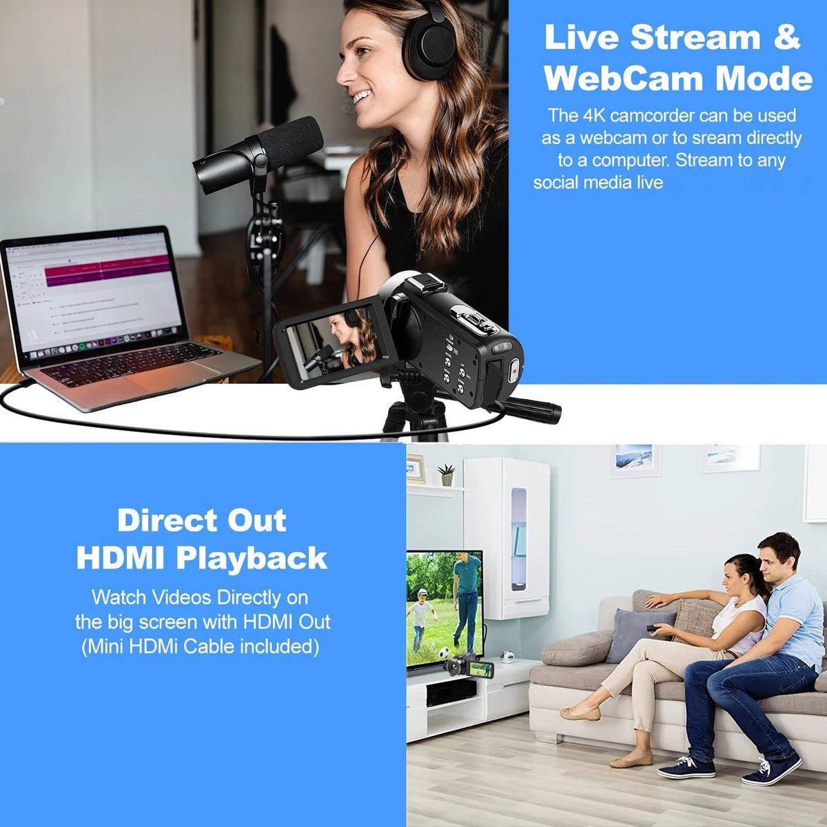 Belro 4K video camera camcorder with WiFi and 48MP for YouTube vlogging, featuring a compact design and adjustable lens.