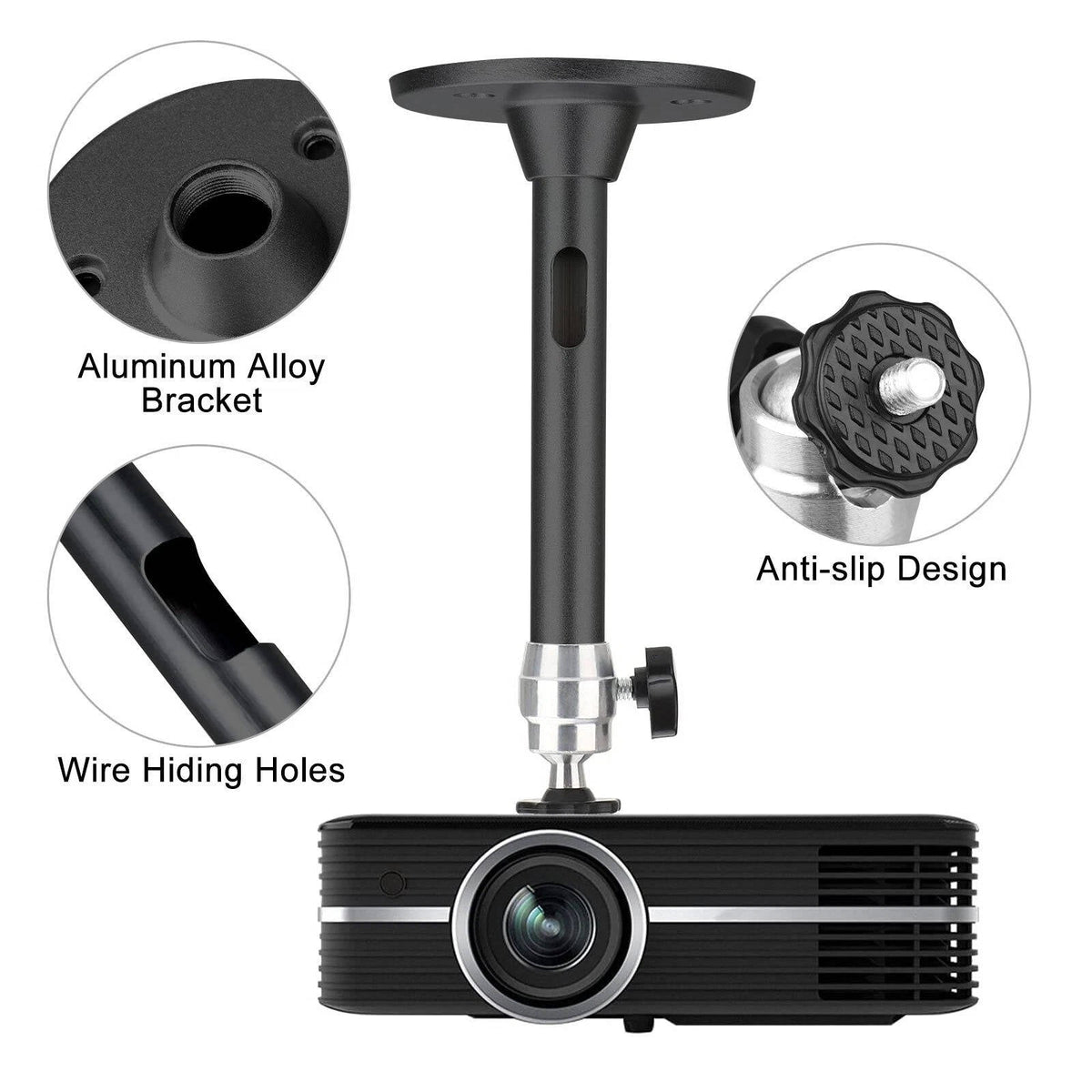Belro universal projector ceiling mount kit installed on ceiling for electronics and TV displays.