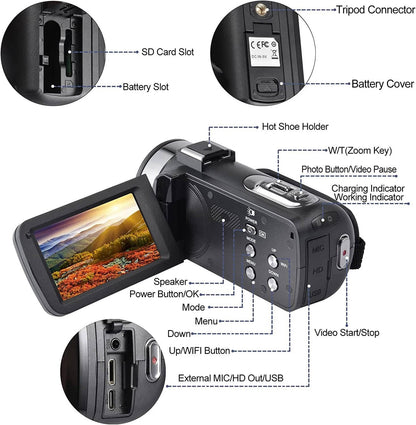 Belro 4K video camcorder with WiFi and 48MP camera for YouTube vlogging, featuring a sleek black design and adjustable lens.