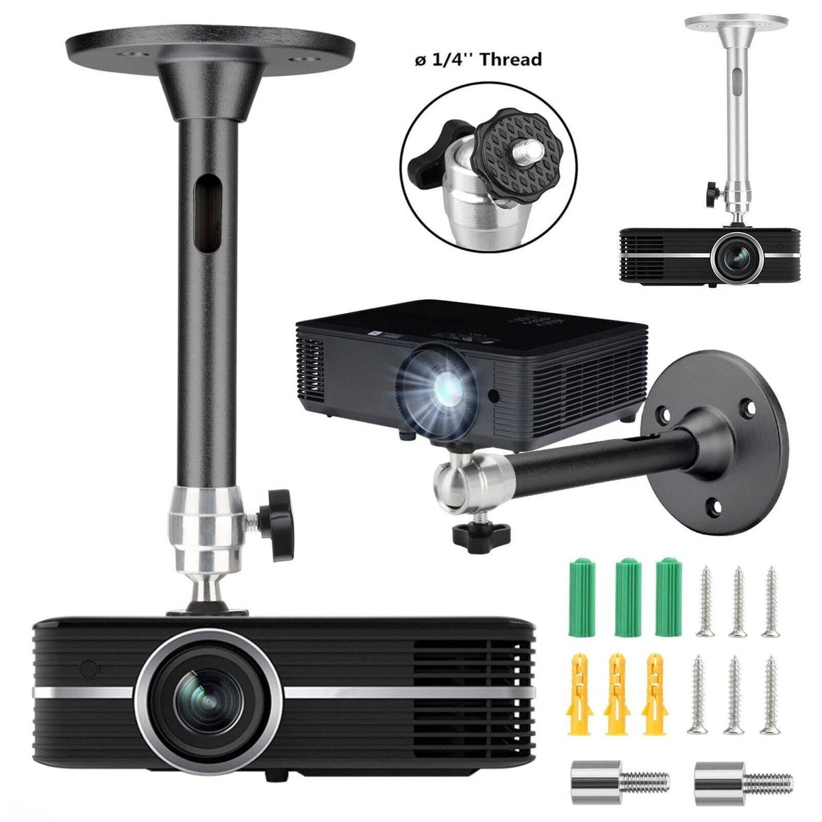 Belro universal projector ceiling mount kit installed on a ceiling, adjustable metal bracket for electronics and TV projectors.