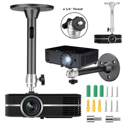 Belro universal projector ceiling mount kit installed on a ceiling, adjustable metal bracket for electronics and TV projectors.