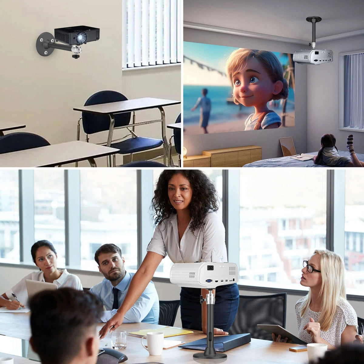 Belro universal projector ceiling mount kit attached to a ceiling, suitable for electronics, TVs, and display projectors.