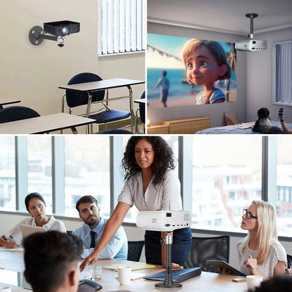 Belro universal projector ceiling mount kit attached to a ceiling, suitable for electronics, TVs, and display projectors.