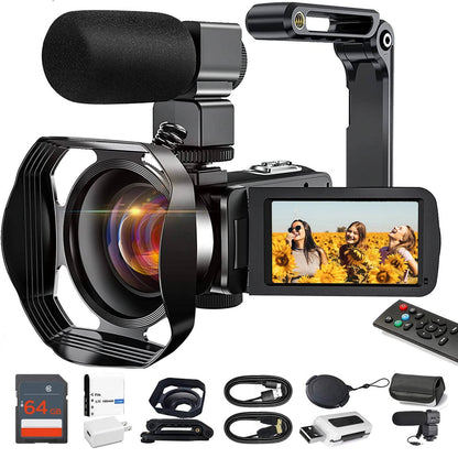 Belro 4K video camcorder with WiFi, 48MP camera suitable for YouTube vlogging, compact electronics device with lens and screen.