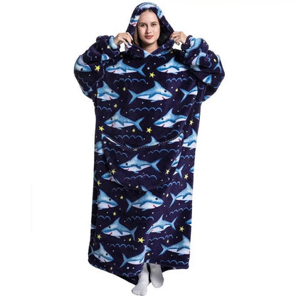 Belro long wearable blanket hoodie featuring a shark design, cozy sleepwear perfect for lounging and staying warm.