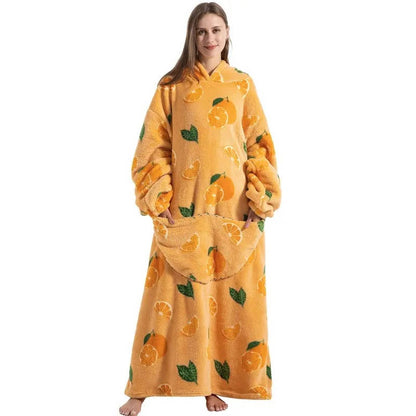 Orange Belro long wearable blanket hoodie, cozy sleepwear with a soft fleece exterior and oversized fit for comfort and warmth.