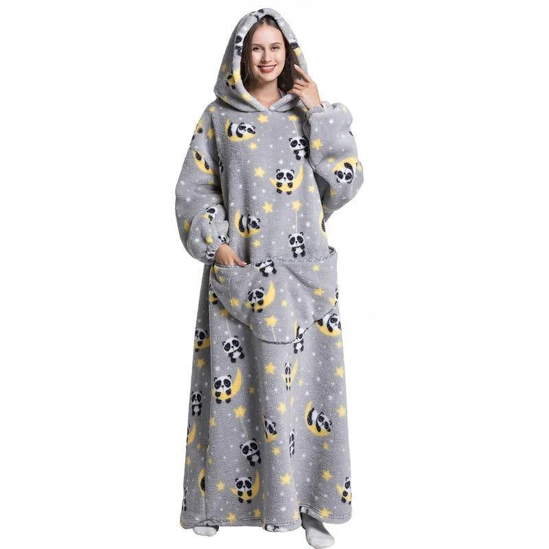 Grey Belro long wearable blanket hoodie featuring a cozy panda design, perfect for comfortable sleepwear or lounging.